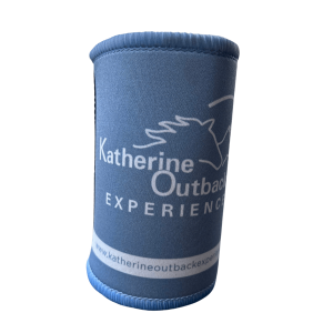 Blue stubby holder in blue with the Katherine Outback Experience logo on it (the outline of 2 horses)