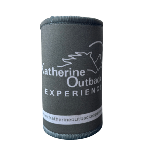 Green stubby holder in blue with the Katherine Outback Experience logo on it (the outline of 2 horses)