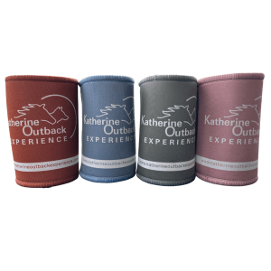 4 stubby holders in burnt orange, blue, grey and pink with the Katherine Outback Experience logo on it (the outline of 2 horses)