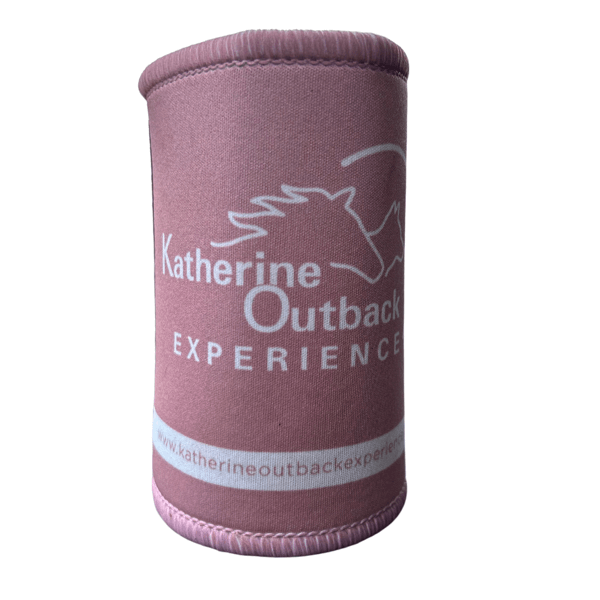 Pink stubby holder in blue with the Katherine Outback Experience logo on it (the outline of 2 horses)