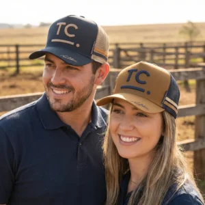 A man and a woman wearing 2026 edition Tom Curtain Trucker Caps