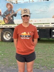 TopEndToughTeeFront Matilda Curtain wearing the Top End Tough T-shirt