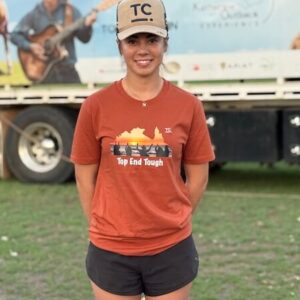 Matilda Curtain wearing the Top End Tough T-shirt